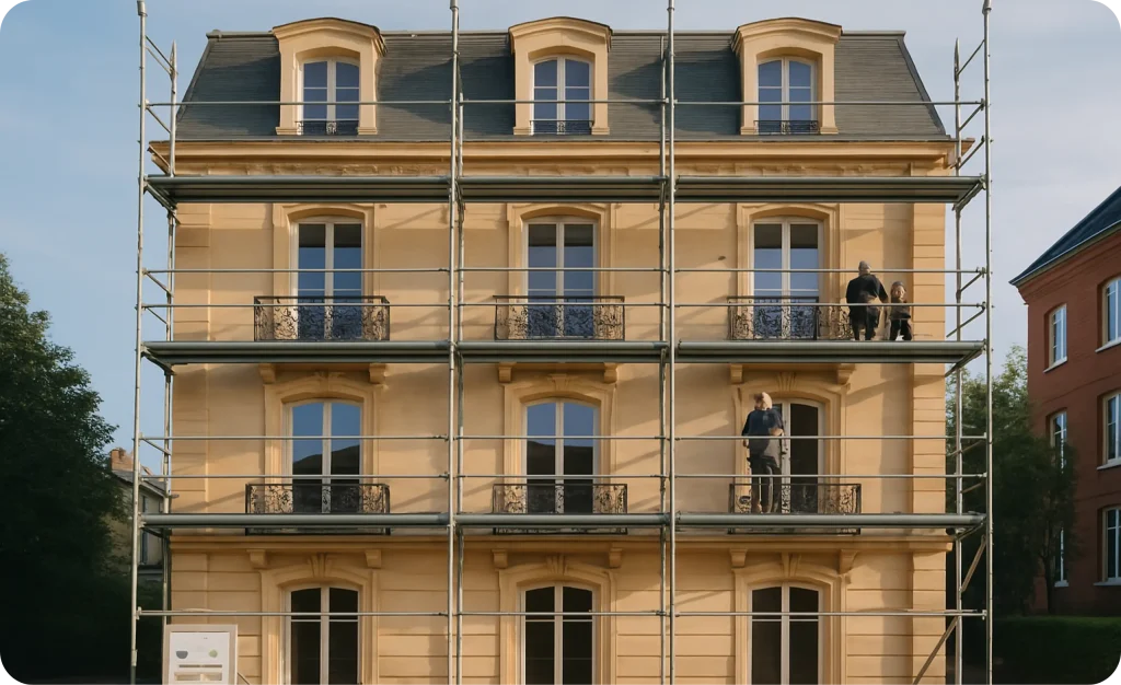 Immeuble ancien avec échafaudages illustrant le déficit foncier CGPM+ : réduction d’impôt, travaux déductibles et revenus locatifs nets d’impôt.